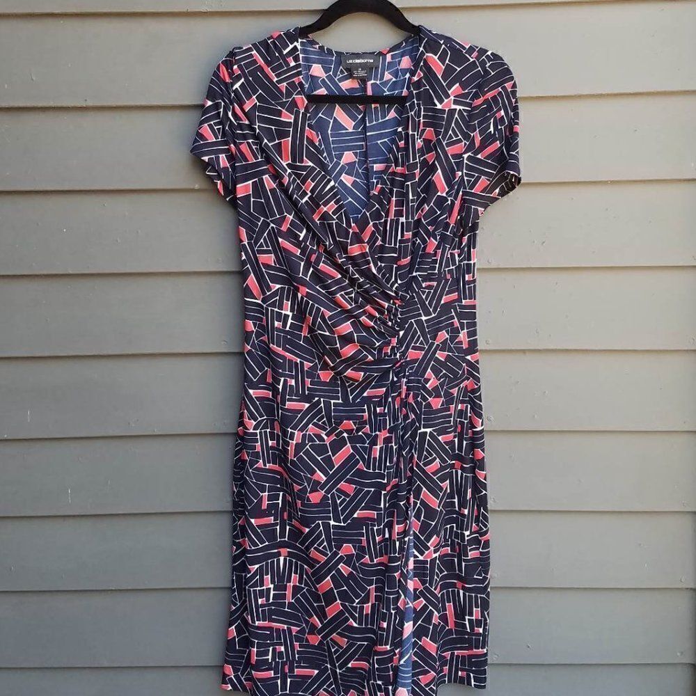 Liz Claiborne Faux Wrap Geo Print in Navy/Coral Size 10
